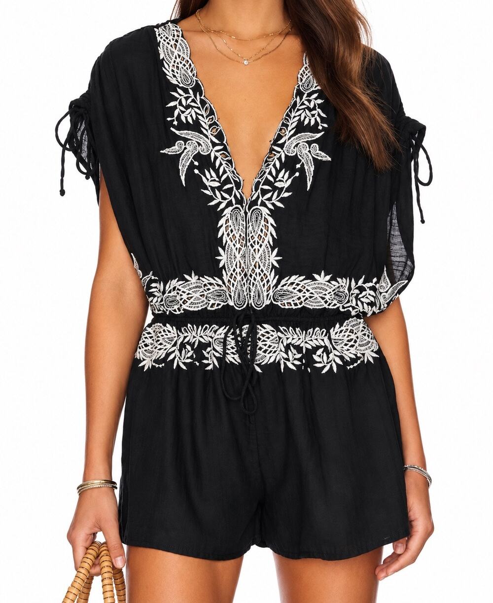 Free People Weila Embroidered Romper Black White Women’s Size Large
